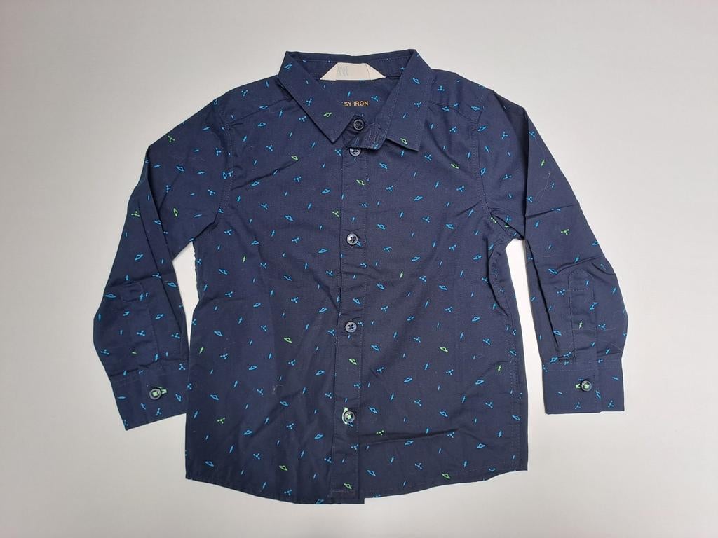 Mt 98 Donkerblauwe hemd met UFO's gemakkelijk strijken, Kinderen en Baby's, Kinderkleding | Maat 98, H&M, Overhemd of Blouse, Ophalen of Verzenden