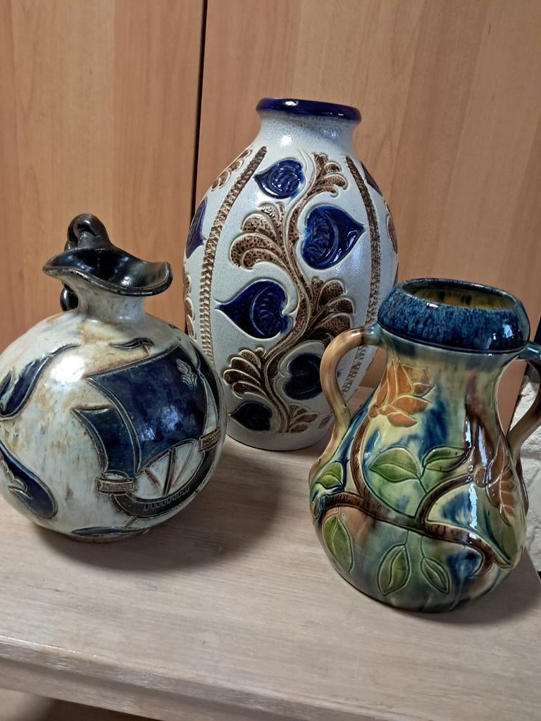Lot 3 céramique grès Art Nouveau + cruche grès Guérin, Enlèvement