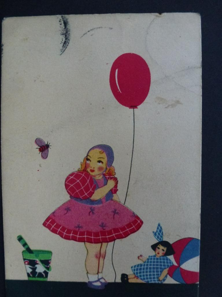 oude prentkaart meisje met rode ballon, pop, bal, emmer, Verzenden, Gelopen, Kinderen