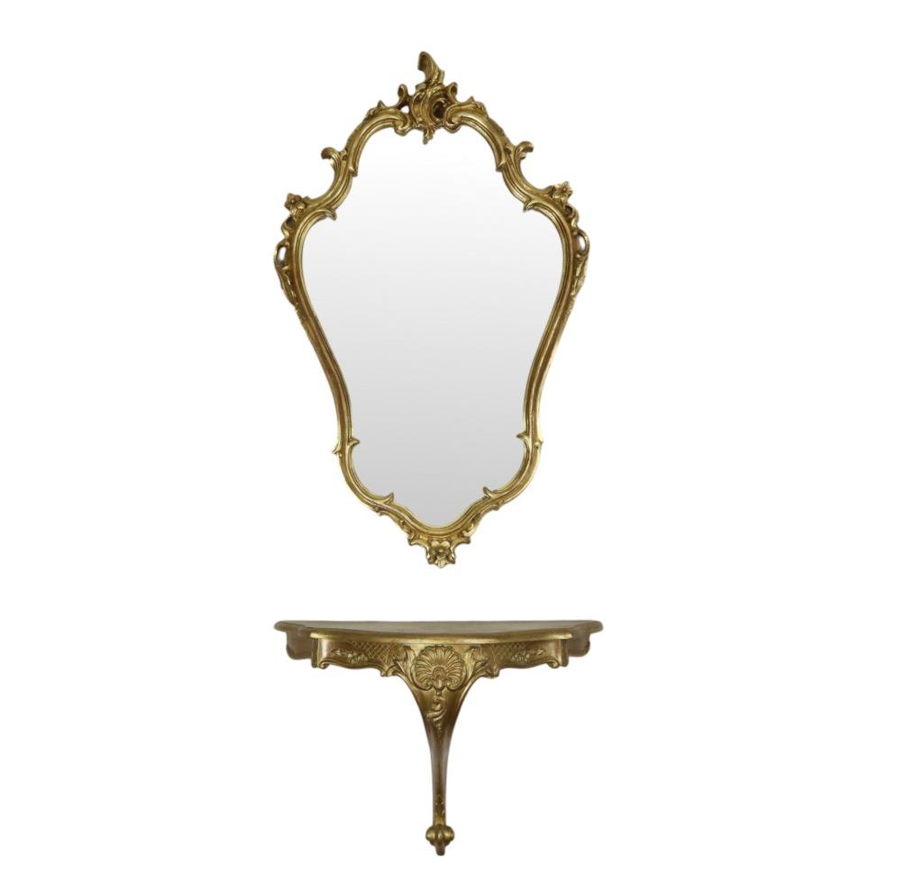 Vergulde Rococo Stijl Spiegel Met Console Acanthus Frankrijk, Antiek en Kunst, Ophalen of Verzenden, Overige vormen, 50 tot 100 cm