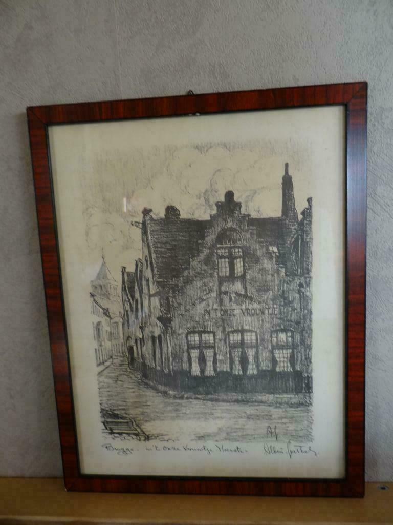 Cadre avec dessin de Bruges SIGNE par Albert Goethals, Moins de 50 cm, Enlèvement ou Envoi, Utilisé, Bois