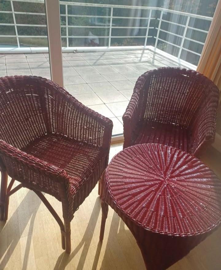 2 rotan zetel bordeau + tafel, Tuin en Terras, Ophalen, Rotan