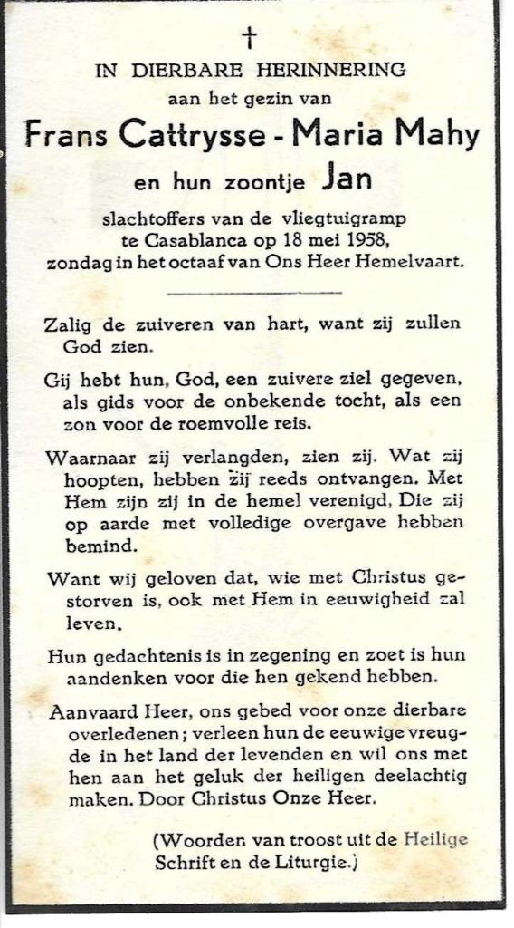 Frans en Jan Cattrysse Vliegtuigramp Cassablanca  mei 1958, Verzamelen, Bidprentjes en Rouwkaarten, Ophalen of Verzenden