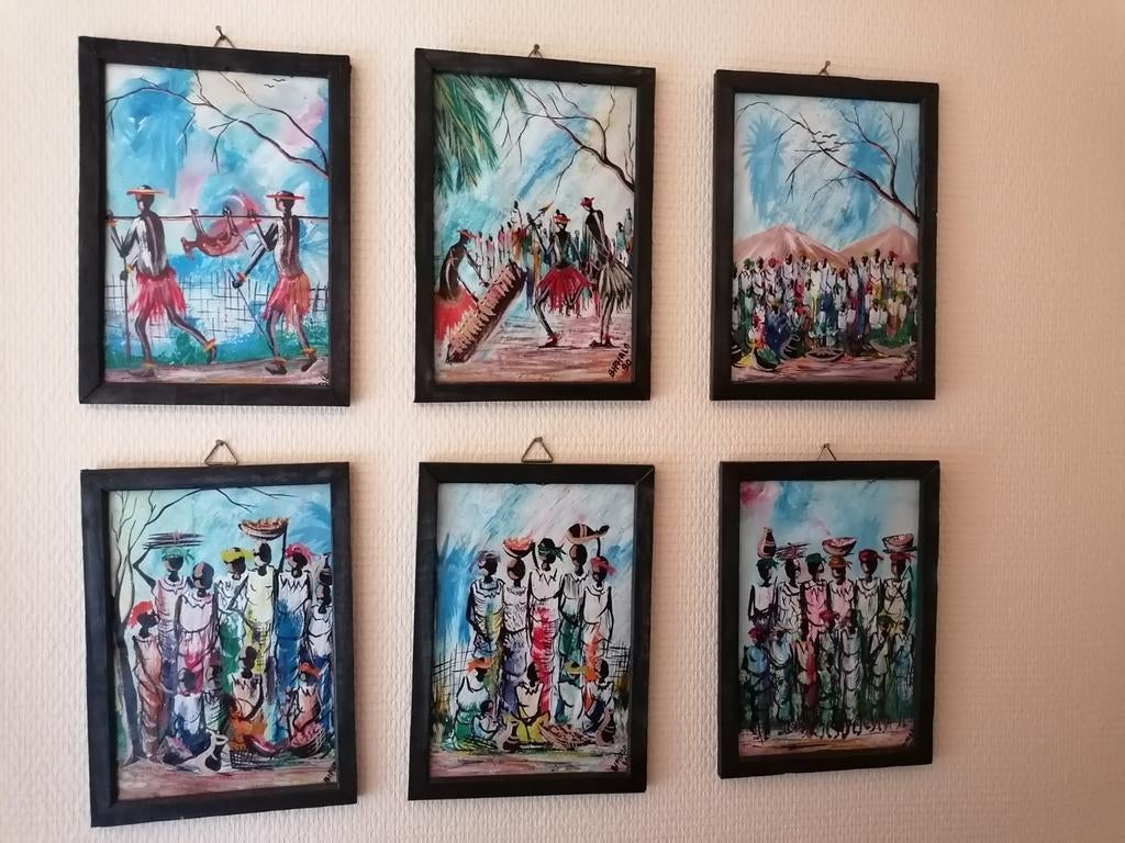 Set van 6 handgeschilderde Congolese Afrikaanse schilderijen, Enlèvement