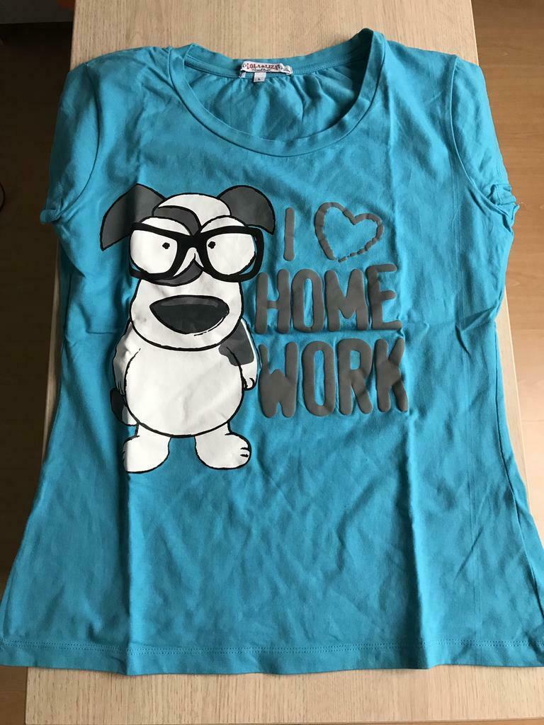 Turqoise t-shirt met hond ‘I love home work’ - Lola&Liza - L, Ophalen of Verzenden, Gedragen, Maat 42/44 (L), Korte mouw