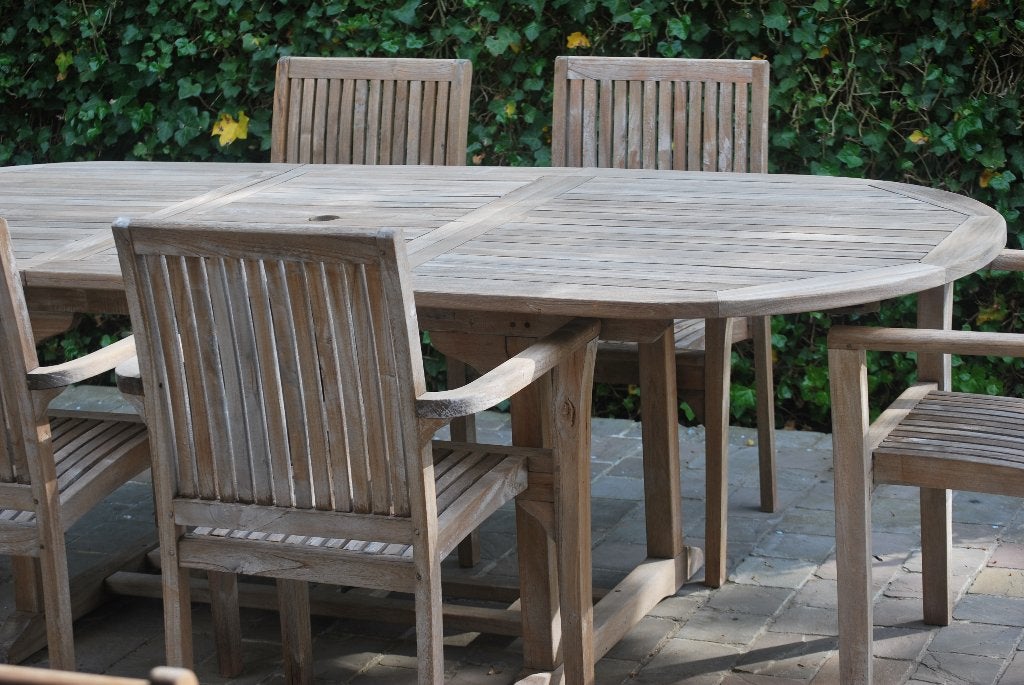 table en teck et six chaises empilables, Jardin & Terrasse, Table à dinner, Salons de jardin, Comme neuf, Enlèvement