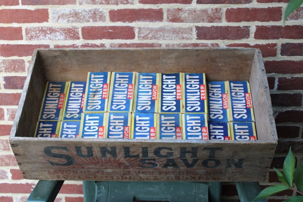 Oude stapelbak~~Sunlight zeep~~ met 28 verpakkingen zeep!, Enlèvement, Utilisé, Emballage