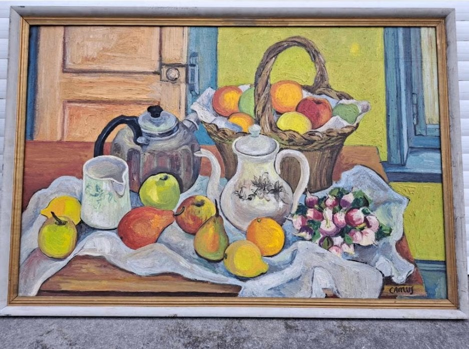 huile sur panneau nature morte signe gustave camus, Antiquités & Art, Art | Peinture | Classique, Enlèvement ou Envoi, Panneau