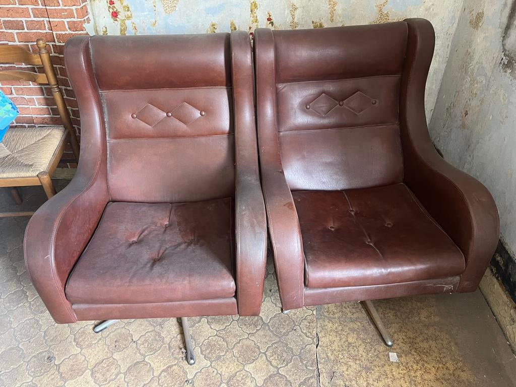 fauteuils vintage en simili cuir (ou skaï) brun,, Enlèvement, Utilisé, Cuir