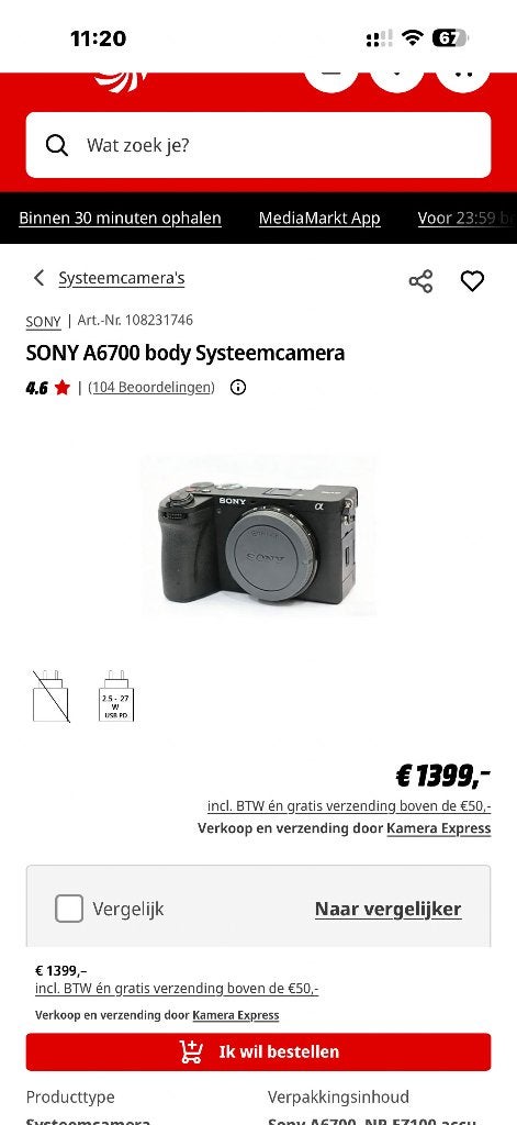 Sony A6700, Audio, Tv en Foto, Fotocamera's Digitaal, Ophalen, Zo goed als nieuw, Compact, Sony