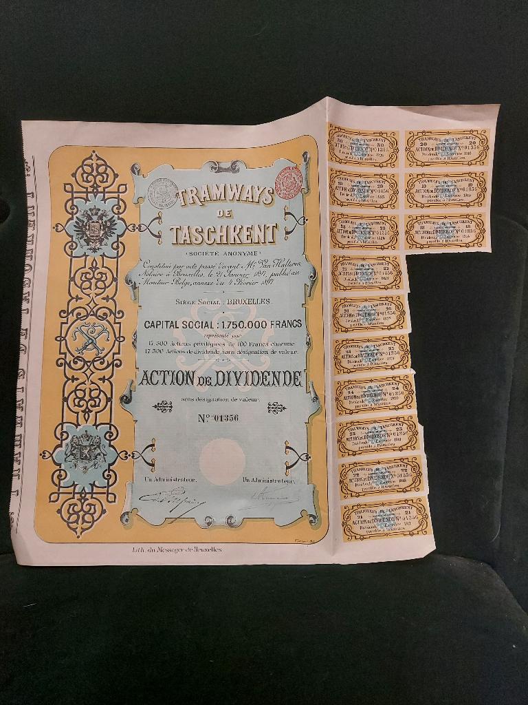Antiek aandeel Tramways de Taschkent – Brussel, 1897, Postzegels en Munten, Aandelen en Waardepapieren, Ophalen of Verzenden, Voor 1920