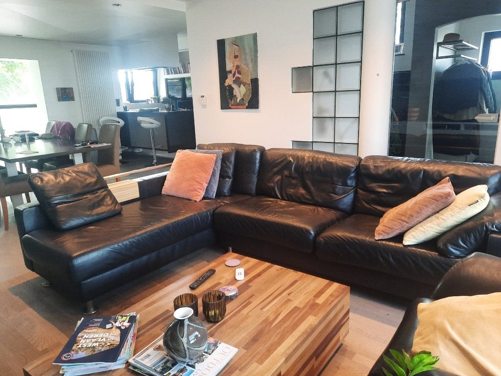 Hoekzetel in zwart leer, Maison & Meubles, Canapés | Coins salons complets, Enlèvement, Utilisé, Cuir, Moderne zetel