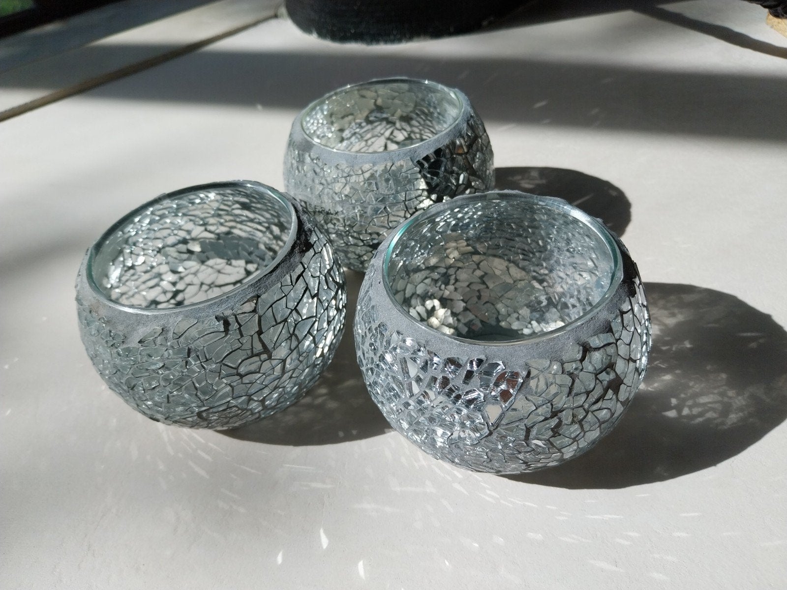 3 theelicht of kaarsen houders glas en spiegel mozaïek, Ophalen, Glas