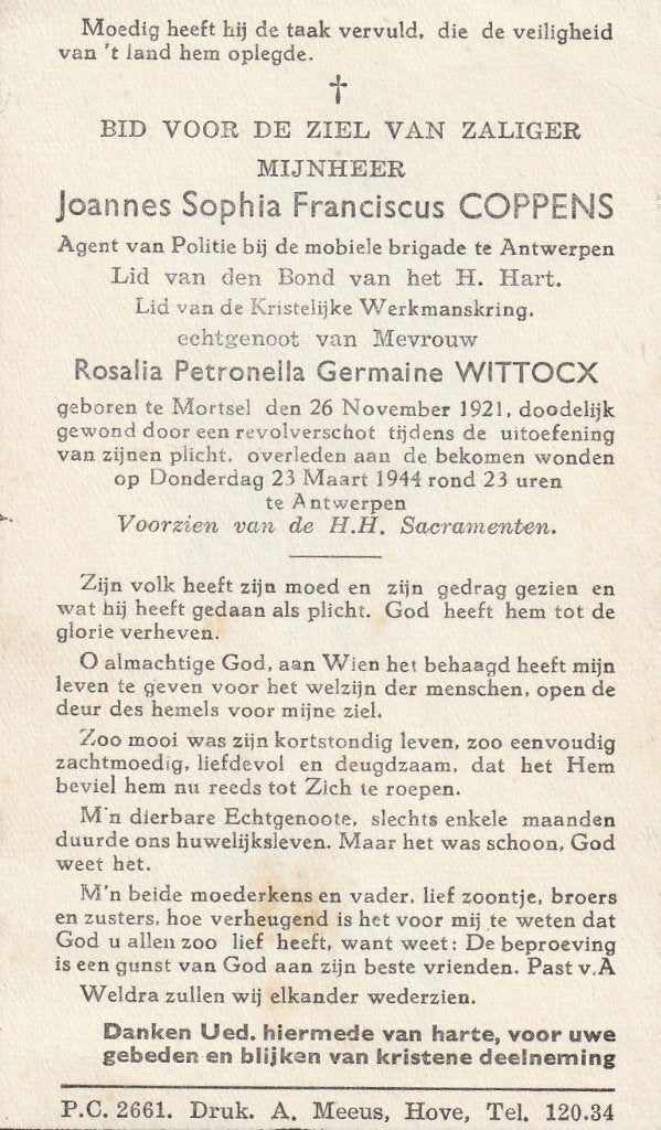 Oorlogsslachtoffer 1940-45 Joannes Coppens 23.3.1944, Collections, Images pieuses & Faire-part, Envoi