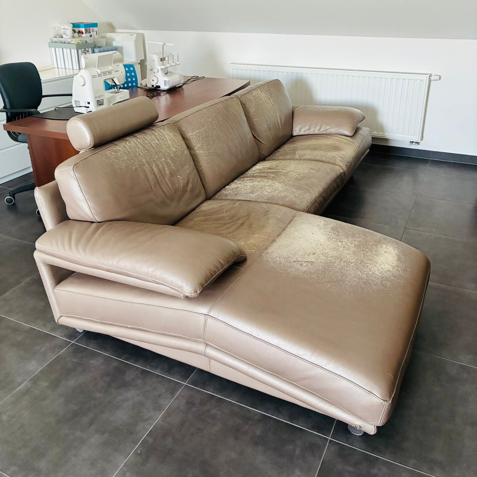Zetel met longchair lederen taupe L2,9 x B1,7, Huis en Inrichting, Zetels | Zetels en Chaises Longues, Ophalen, Gebruikt, Driepersoons