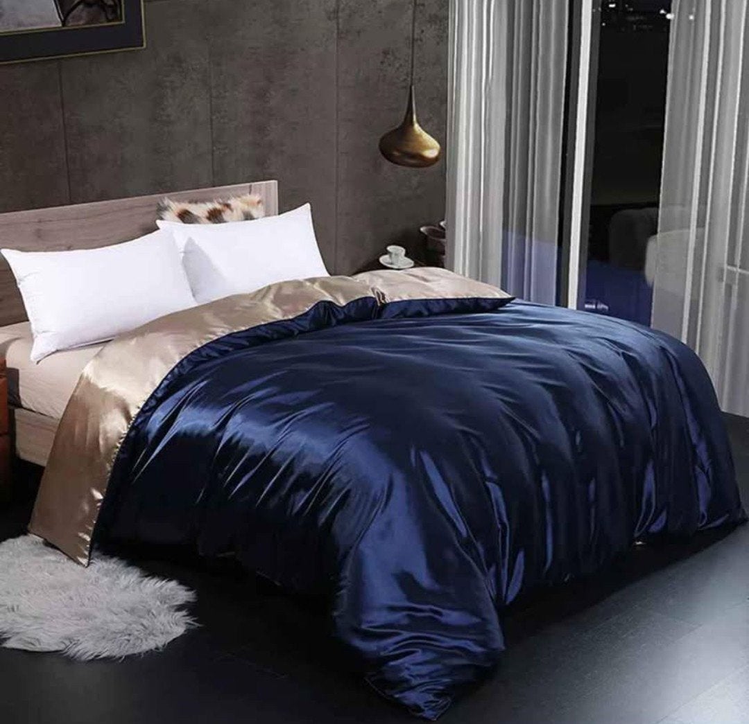 Luxe Nightblue/Champagne Satijnen Dekbedovertrek 2m40 x 2m20, Ophalen of Verzenden, Dekbedovertrek