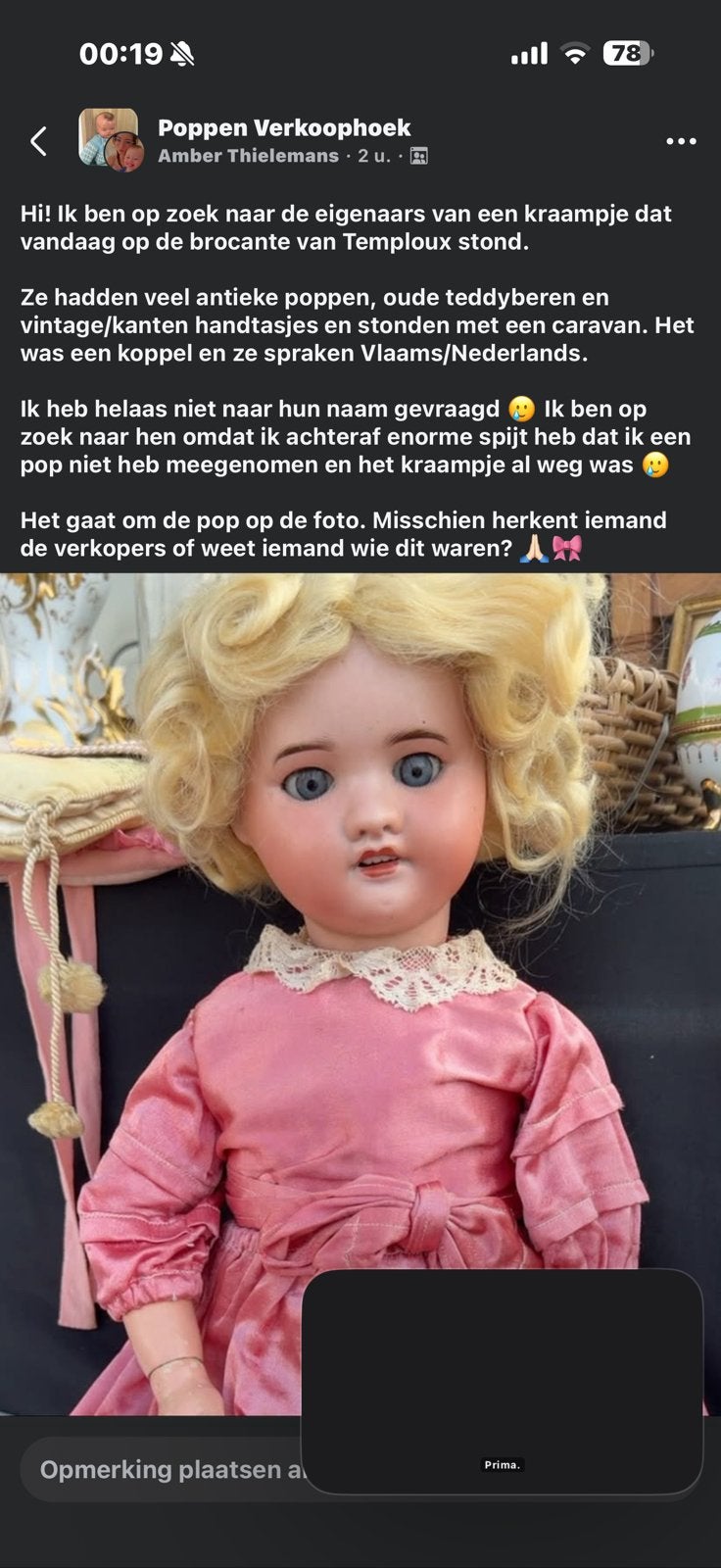 Antieke pop sfbj opzoek naar eigenaar templeux, Kinderen en Baby's, Babykleding | Maat 74, Ophalen, Gebruikt