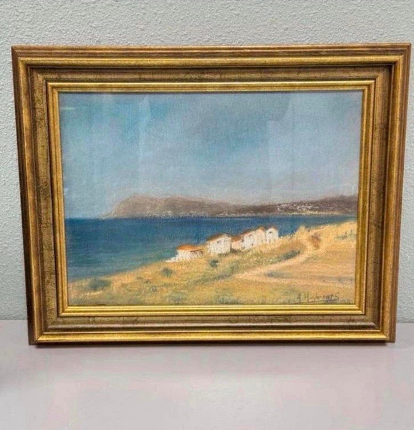 A. Huybregts 1996 vintage Schilderij kustlandschap kust art, Ophalen of Verzenden, Vintage, Achter glas