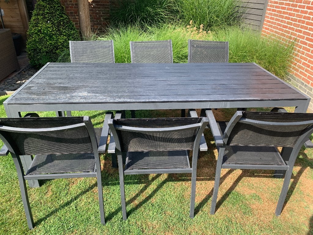 Aluminium tuintafel met 6 stoelen, Ophalen, Gebruikt, Rechthoekig, Aluminium