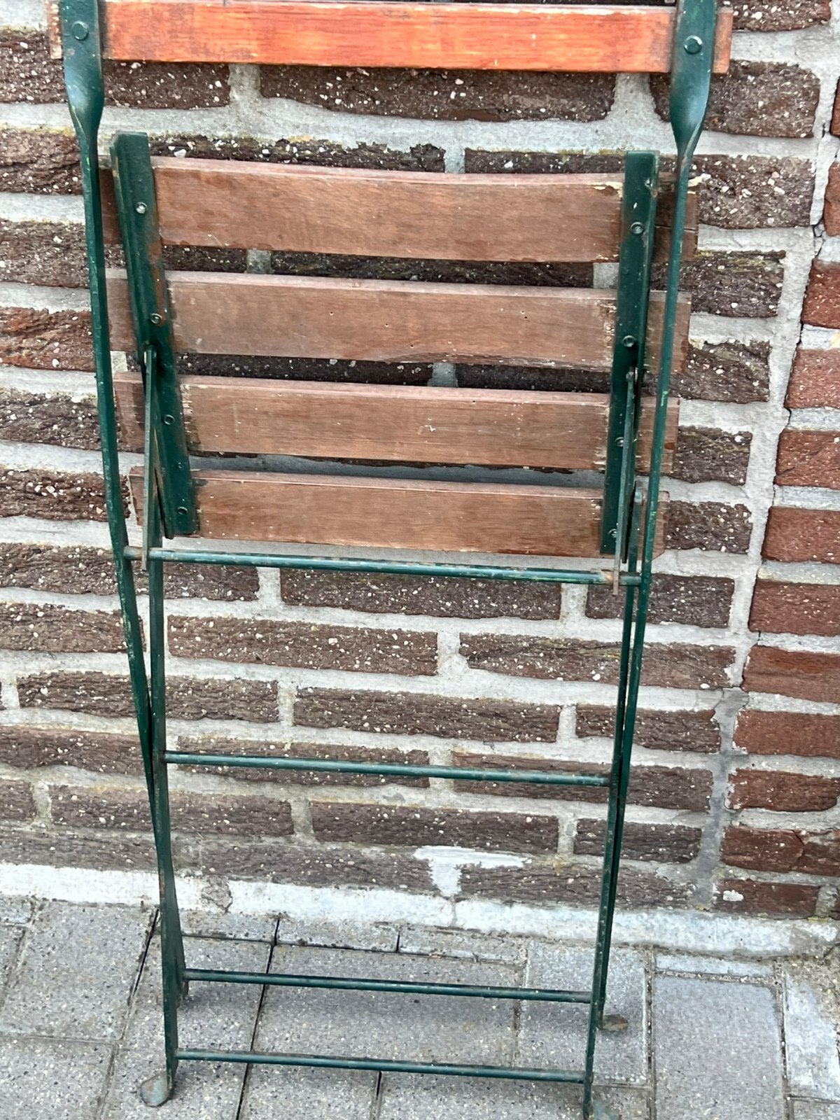 tuinstoelen vintage hout en ijzer dicht plooibaar, 4 stuks., Ophalen, Gebruikt, Hout, Inklapbaar