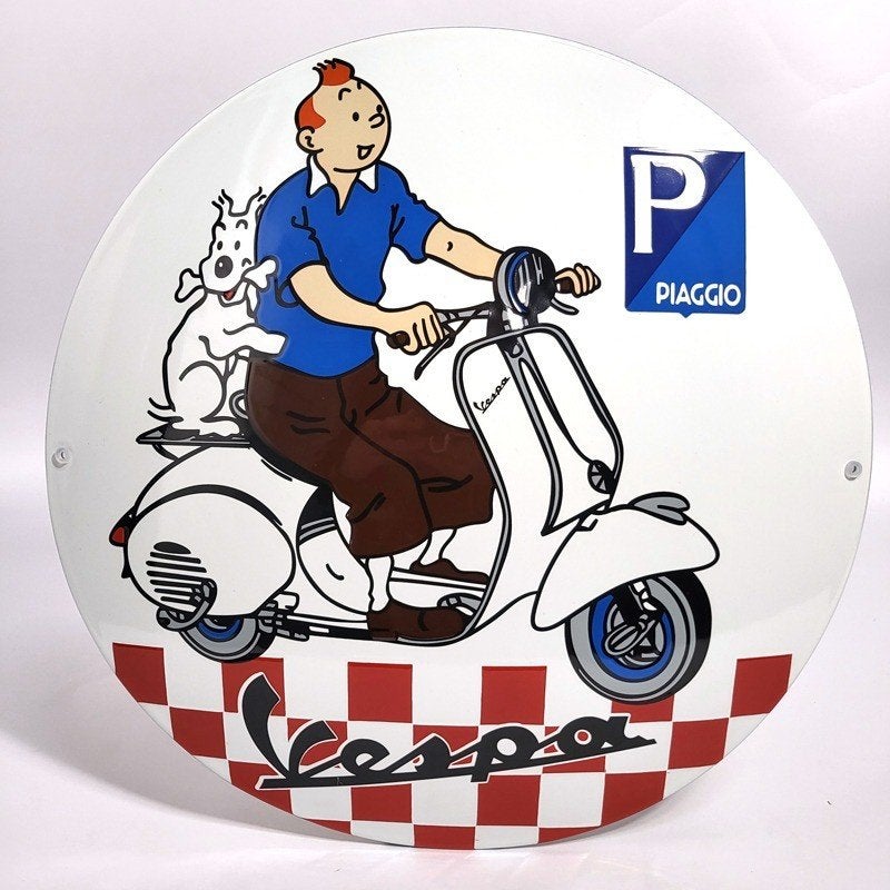 Mooi zwaar emaillen Kuifje op vespa reclame decoratie bord, Verzamelen, Merken en Reclamevoorwerpen, Zo goed als nieuw, Reclamebord