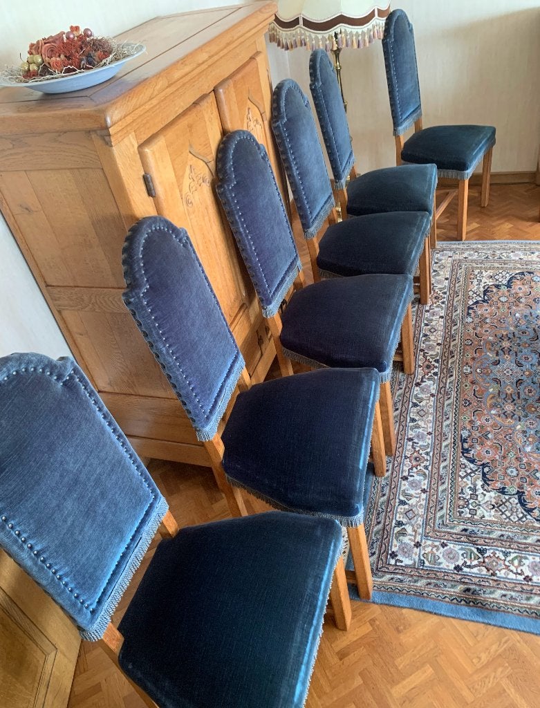 6 eetkamerstoelen, koningsblauwe fluwelen bekleding, Maison & Meubles, Chaises, Klassiek, Enlèvement, Bois, Bleu