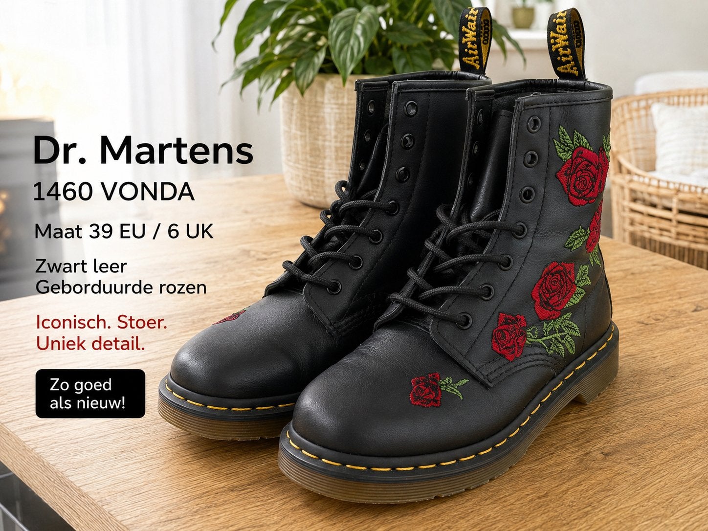 Dr. Martens Vonda Floral- zwart met rode rozen - maat 39, Ophalen, Zo goed als nieuw, Zwart