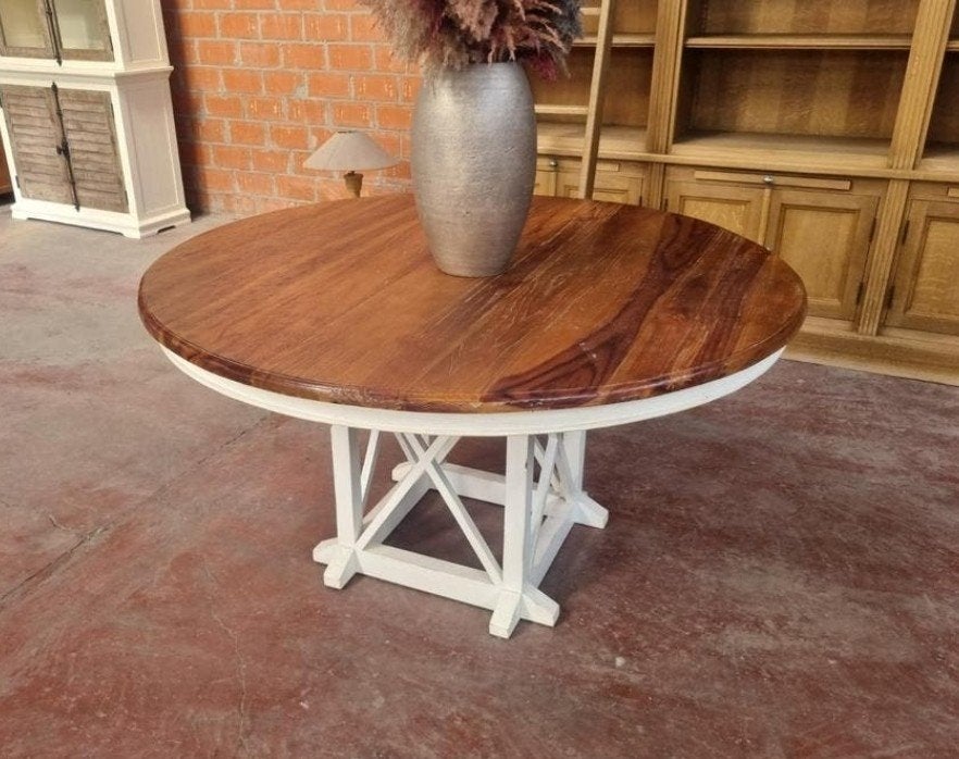 Teak eettafel rond 150 ART:100/26, Huis en Inrichting, Ophalen, ., 150 tot 200 cm, Vijf personen of meer
