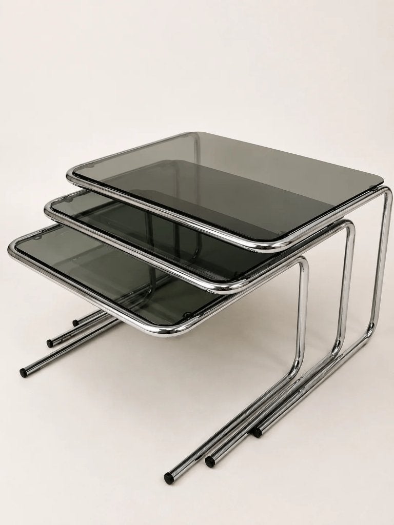 Vintage bijzettafels chrome rookglas nesting mimi, Enlèvement, Space age jaren 70 vintage