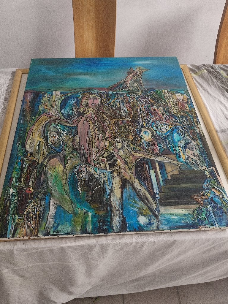 Groot vintage schilderij op doek - beetje surrealistische st, Antiek en Kunst, Ophalen