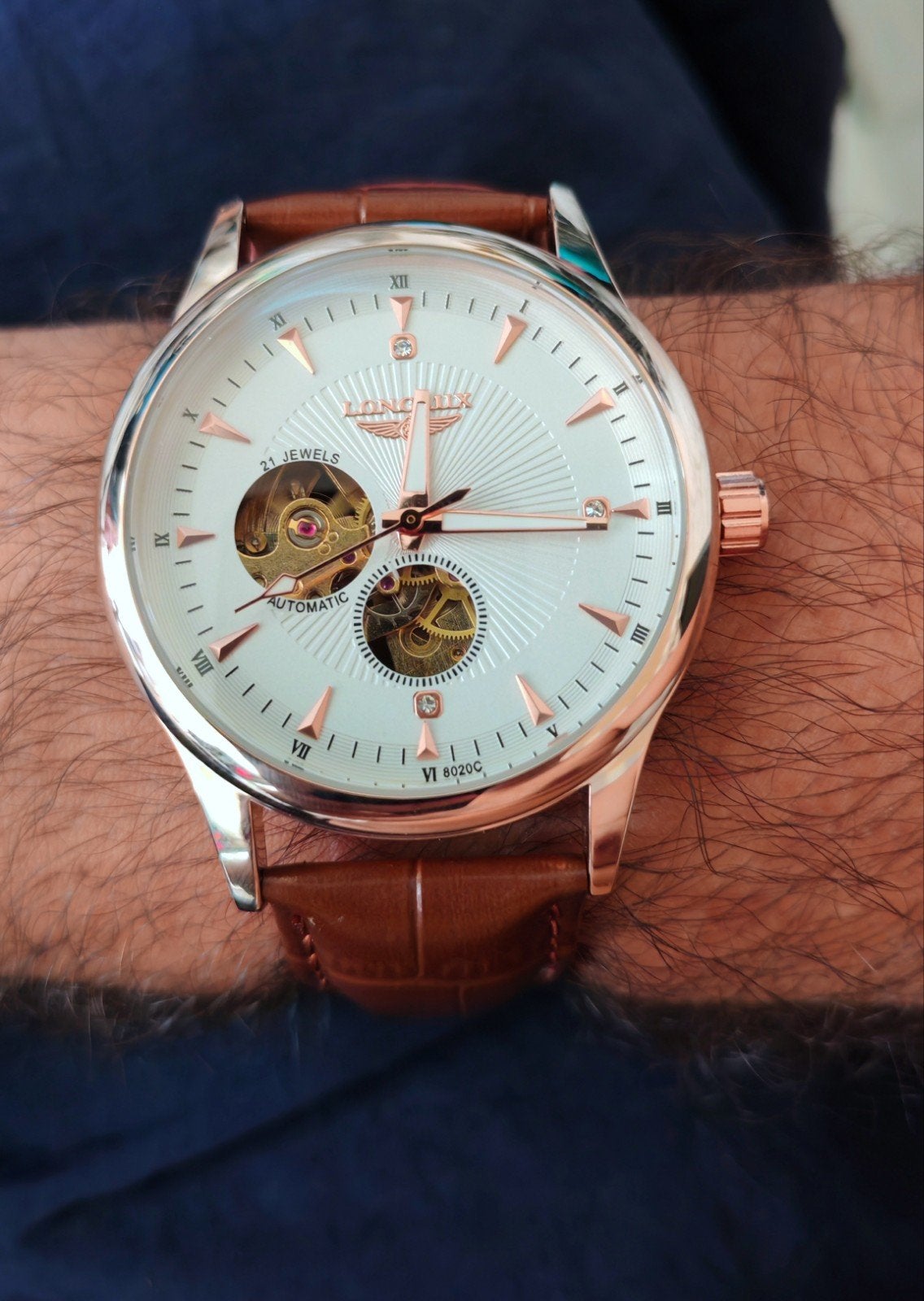 Montre automatique homme Longlux – Cadran blanc, bracelet cu, Enlèvement, Argent, Cuir