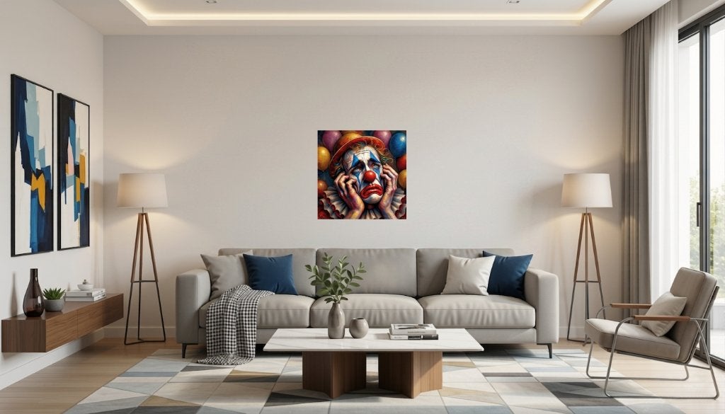 Schilderij op acryl/Clownish Melancholy/ (60x60 Cm), Antiek en Kunst, Ophalen of Verzenden, Hout, Echtheidscertificaat, Portret