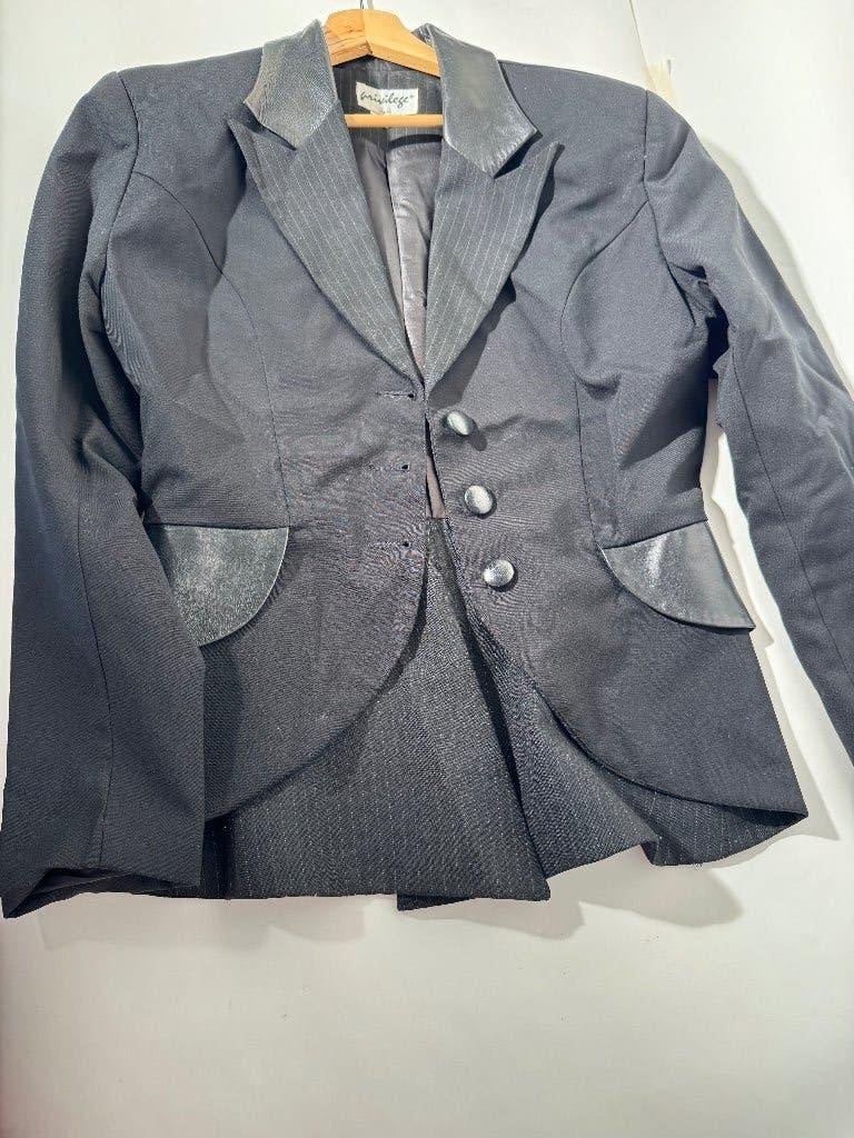 Zwarte krijtstreep blazer - leren zakken & revers - US8, Maat 38/40 (M), Ophalen of Verzenden, Zo goed als nieuw, Jasje
