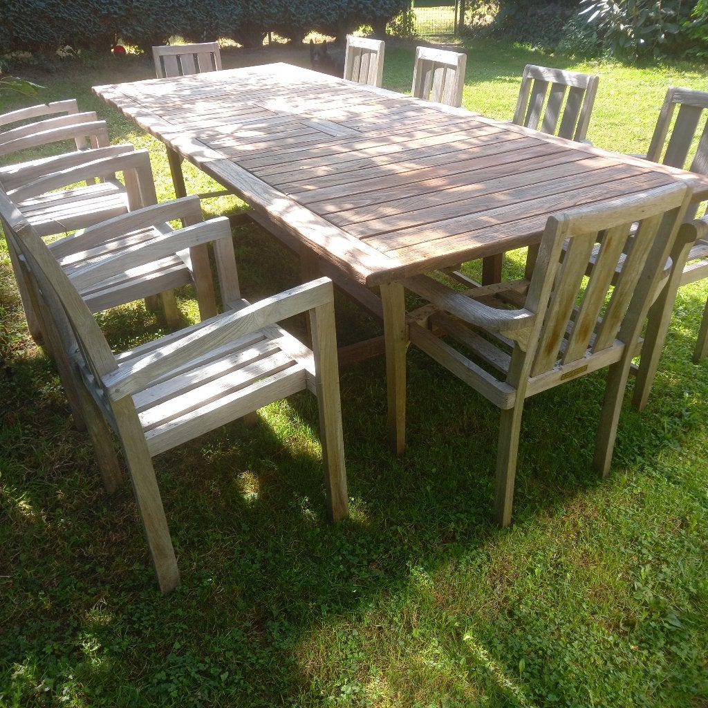 Teck massif : table 300 ou(260) ou(220)x 110cm +10 chaises, Jardin & Terrasse, Enlèvement ou Envoi, Table à dinner, Comme neuf