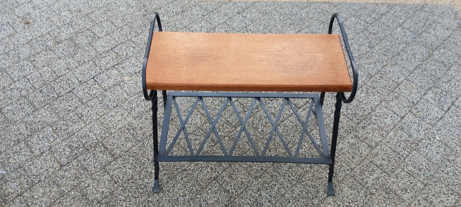 Decoratief plantentafeltje - houten bankje met smeedijzer, Metaal of Aluminium, 55 tot 75 cm, Zo goed als nieuw, Rechthoekig