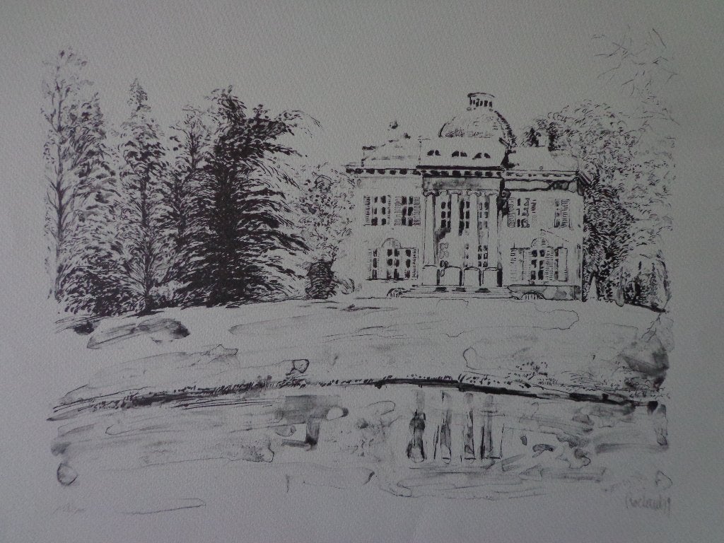 fraaie litho van André Roelant Kasteel Ortegat Waasmunster, Genummerd, Ophalen of Verzenden, Landschappen, Lithografie