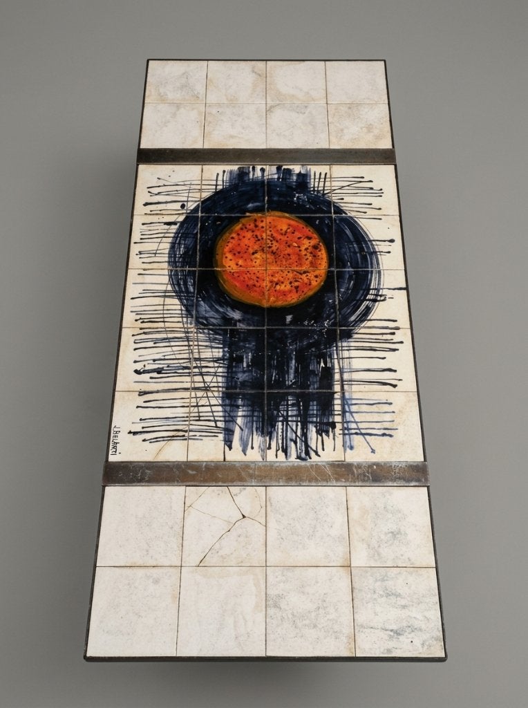 Originele Vintage J. Belarti Salontafel – Keramiek & Chroom, Ophalen, Gebruikt, 100 tot 150 cm, 50 tot 100 cm