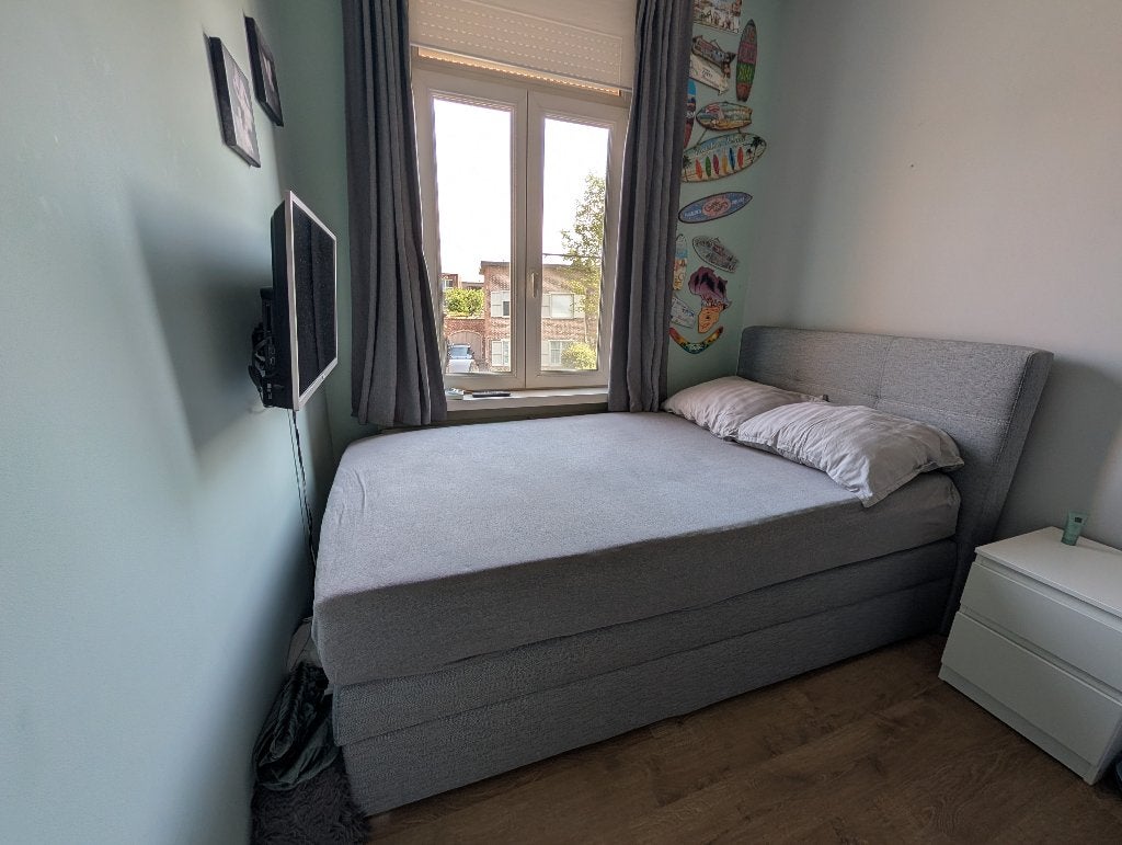 Boxspring grijs met opbergruimte 120 cm, Ophalen, Zo goed als nieuw, Twijfelaar, 120 cm
