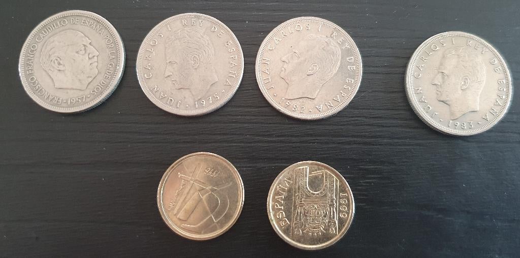 6x5 pesetas van Spanje 1957-1975-1982-1983-1998-1999, Postzegels en Munten, Ophalen of Verzenden, Setje