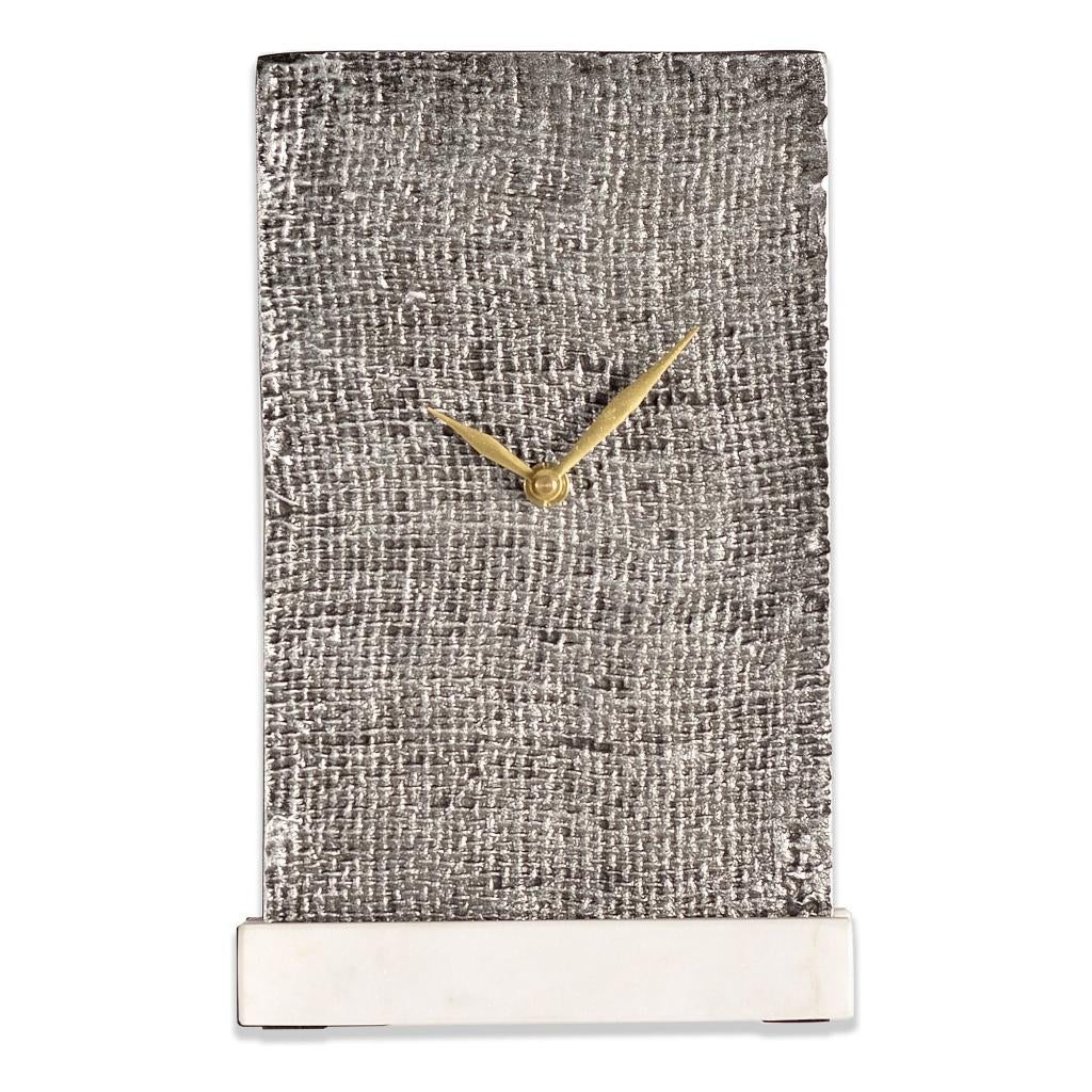 Nieuwe tafelklok zilver op wit marmeren voet - desk clock, Huis en Inrichting, Ophalen of Verzenden, Nieuw, Analoog, Wekker of Tafelklok