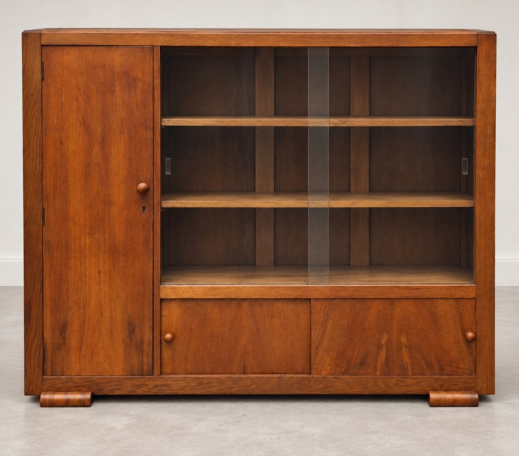Vintage boekenkast / vitrinekast – Art Deco / Haagse School, Huis en Inrichting, Ophalen, 100 tot 150 cm, 100 tot 150 cm, Eikenhout