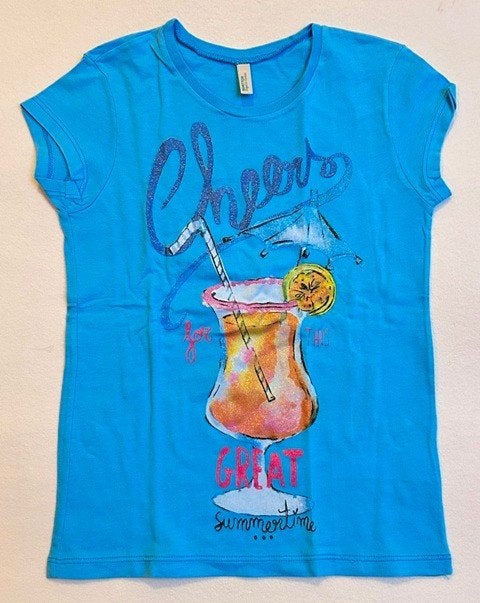 Benetton – Lichtblauw T-shirt met cocktailprint – 4-5j, Meisje, Ophalen of Verzenden, Zo goed als nieuw, Shirt of Longsleeve