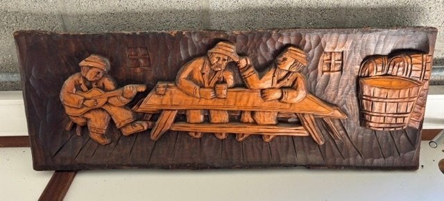 Massief Handgesneden Houten Wandpaneel Herberg / Café, Ophalen, Houtsnijwerk, Scène, Hout