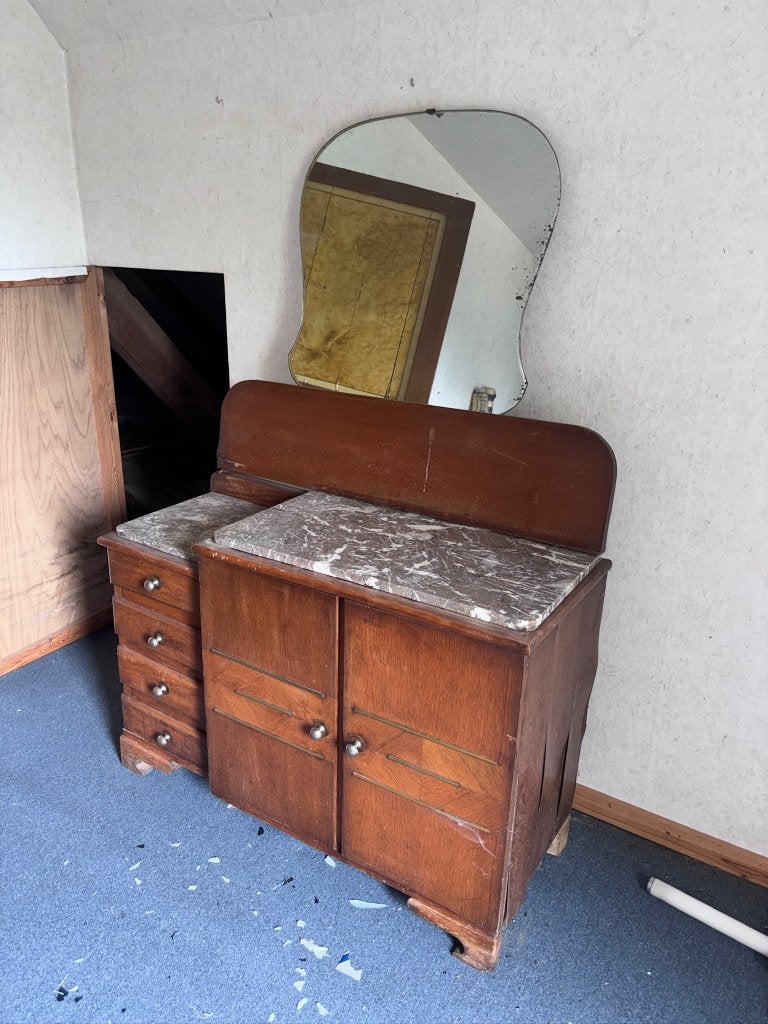 Vintage houten kast met marmeren blad en spiegel, Ophalen, Gebruikt