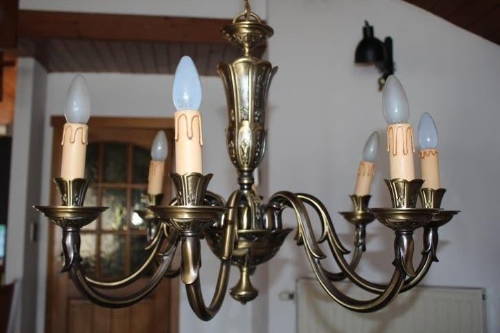Elegante Vintage Messing Kroonluchter – 8 Armen – Barokstijl, Ophalen of Verzenden, Zo goed als nieuw, Metaal, Vintage kroonluchter