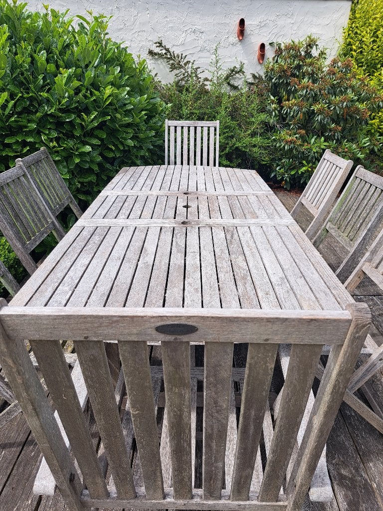 Terrasse en teck en bon état, 6 chaises, 2 chaises de jardin, Jardin & Terrasse, Enlèvement, Utilisé, Bois de teck, Pliant