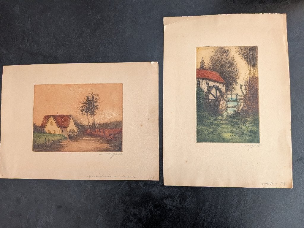 2 oude schilderijtjes op papier (gesigneerd en genummerd), Paysage, Signé, Enlèvement, Papier