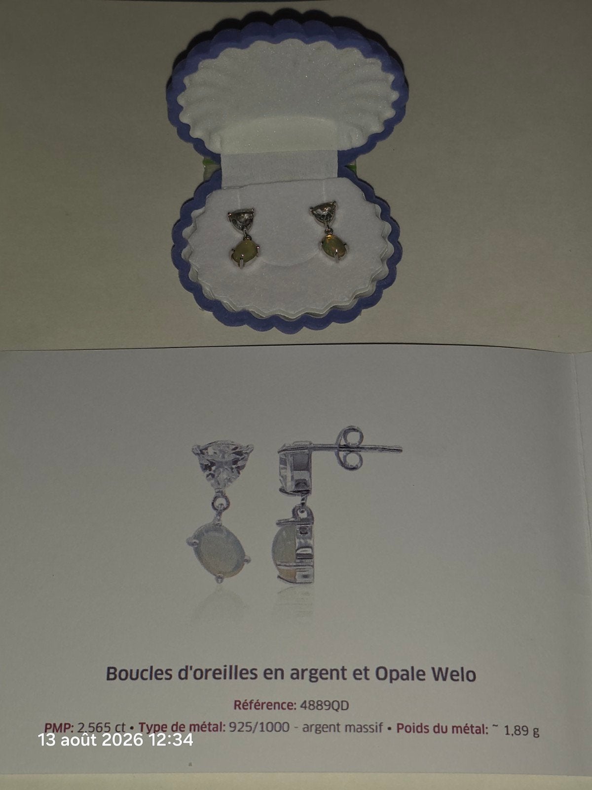 Sterling zilveren oorbellen met opaal en certificaat, Ophalen, Hangers, Nieuw, Met edelsteen