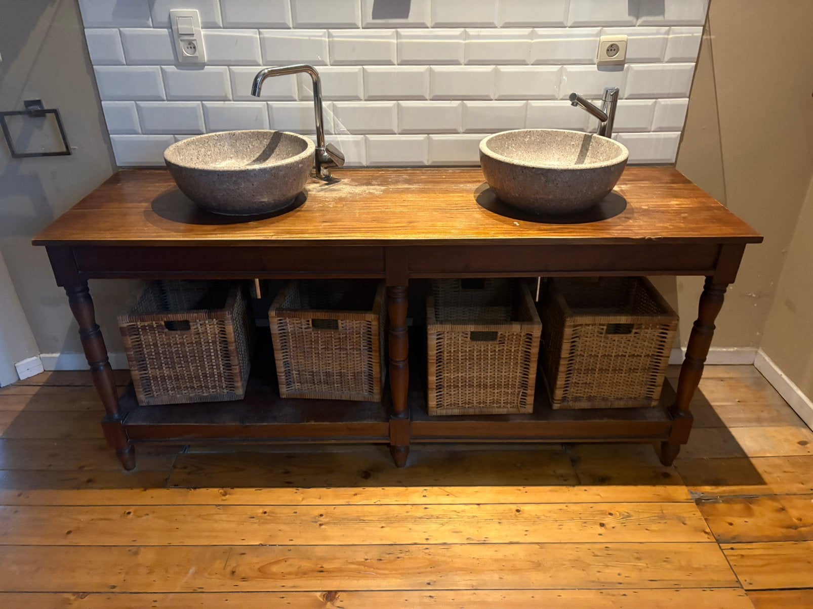 Meuble de salle de bain en bois 2 vasques en pierre, Enlèvement, Utilisé