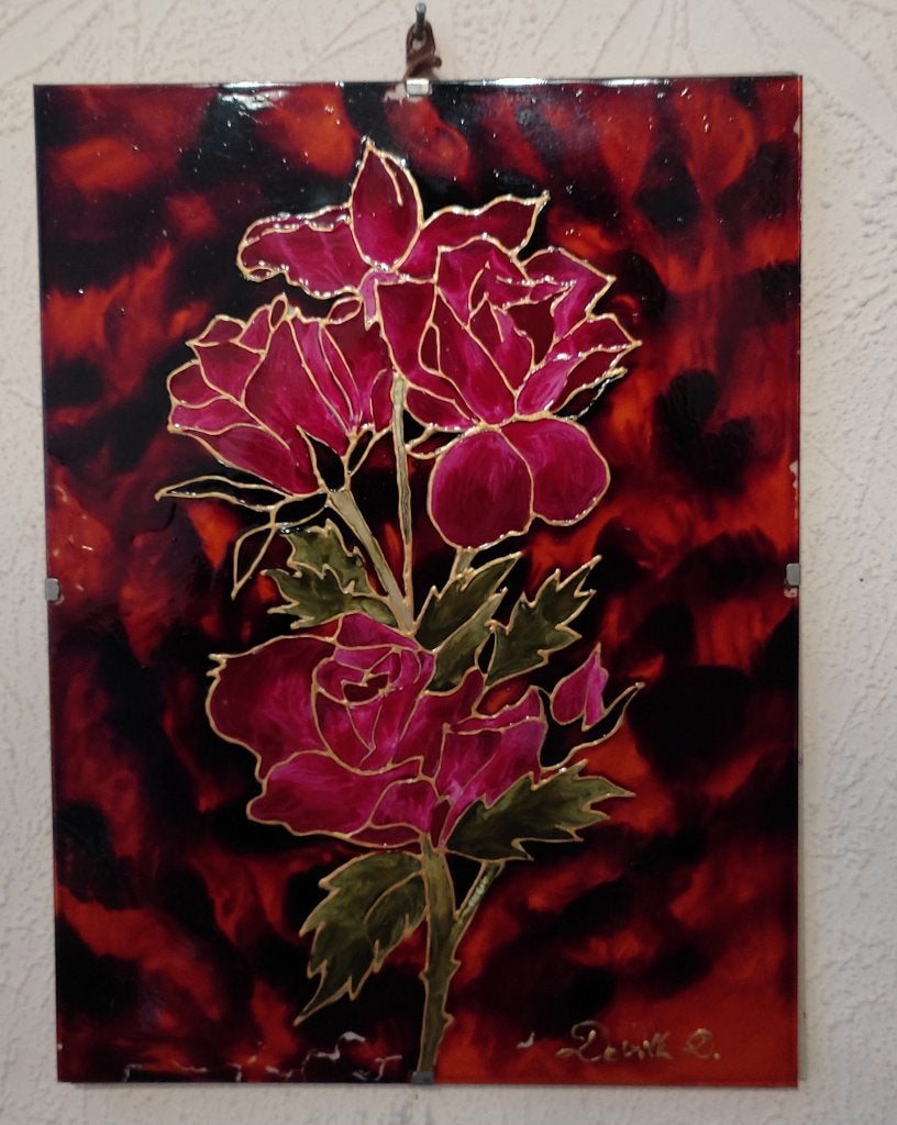 Rozen, rozenstruik: schilderij op glas, kunstenaar Deville, Ophalen of Verzenden, Glas, Gesigneerd, Bloemen